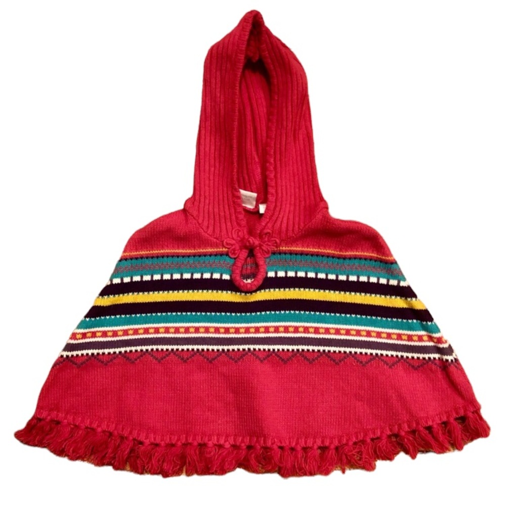 Pink knit cape with hood, multicolored design through the middle and fringe, 24M